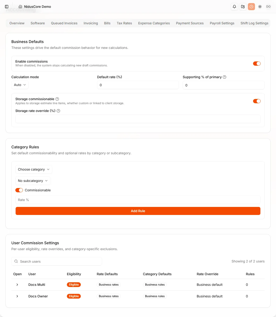 Commissions Settings tab