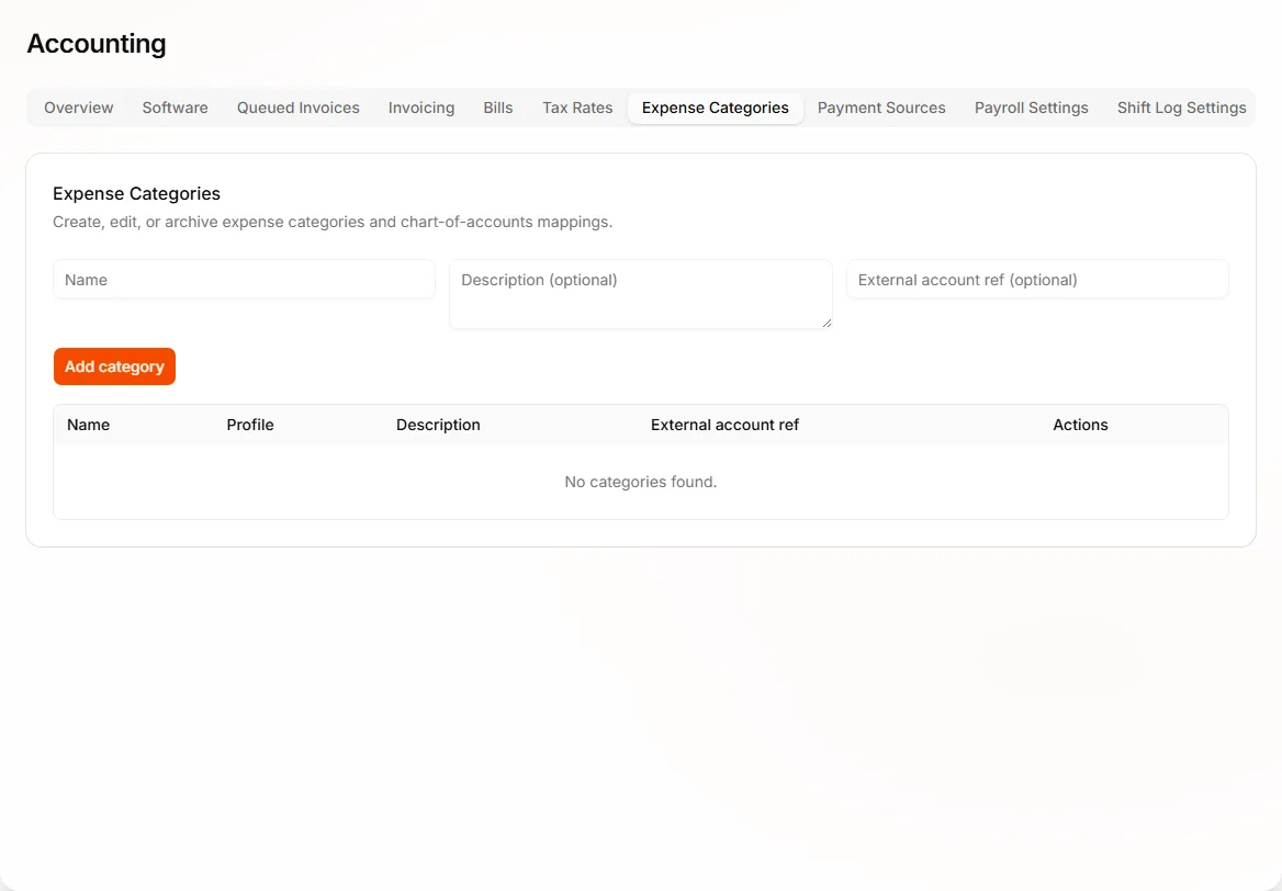 Expense Categories tab in Accounting
