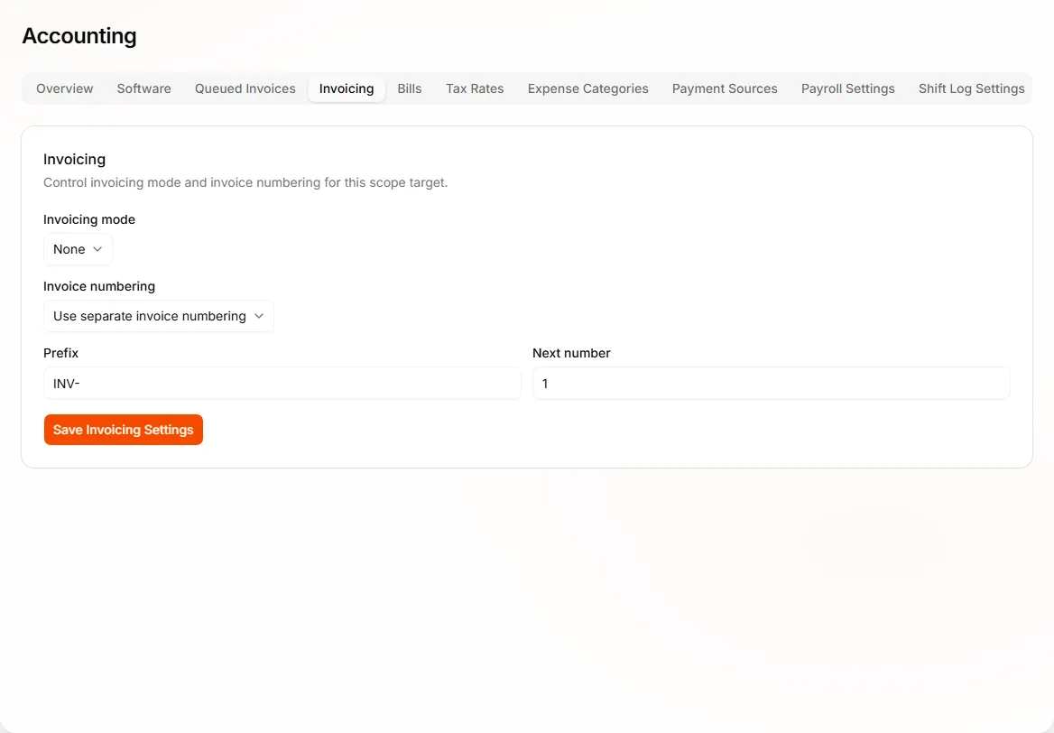 Invoicing settings tab