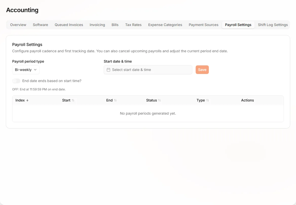 Payroll Settings tab showing pay period configuration