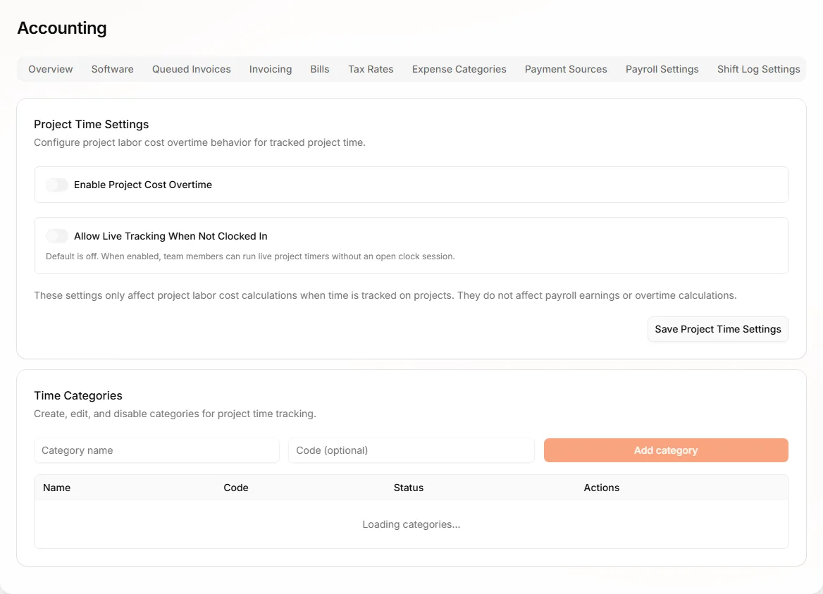 Project Time Settings tab with categories and overtime options