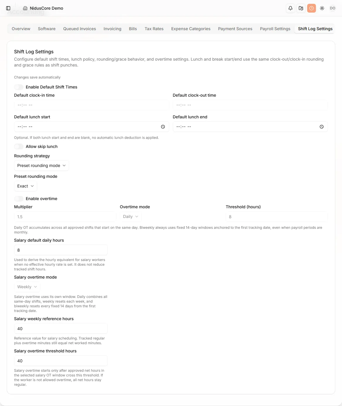 Shift Log Settings tab