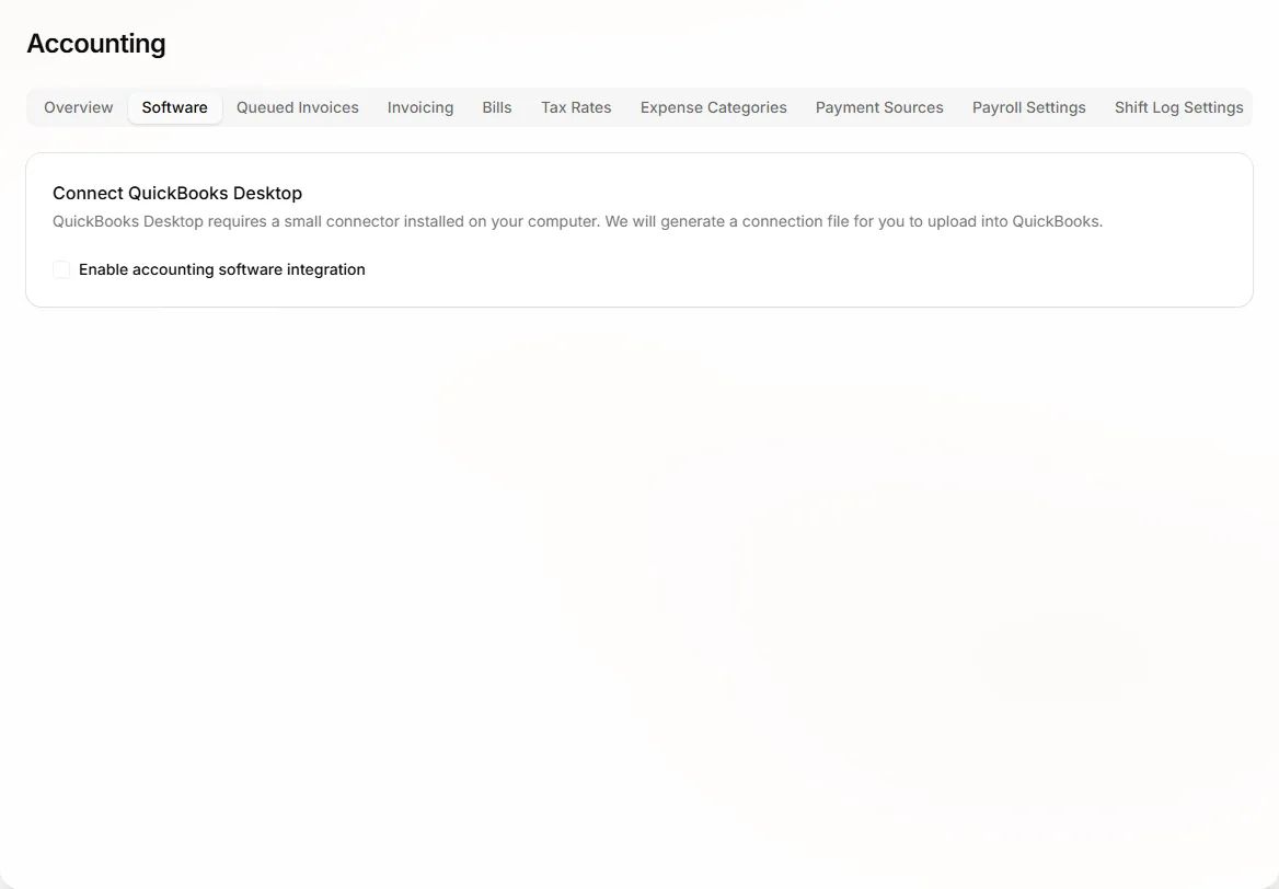 Accounting Software tab with QuickBooks Desktop integration