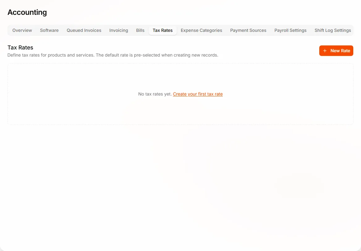 Tax Rates tab in Accounting
