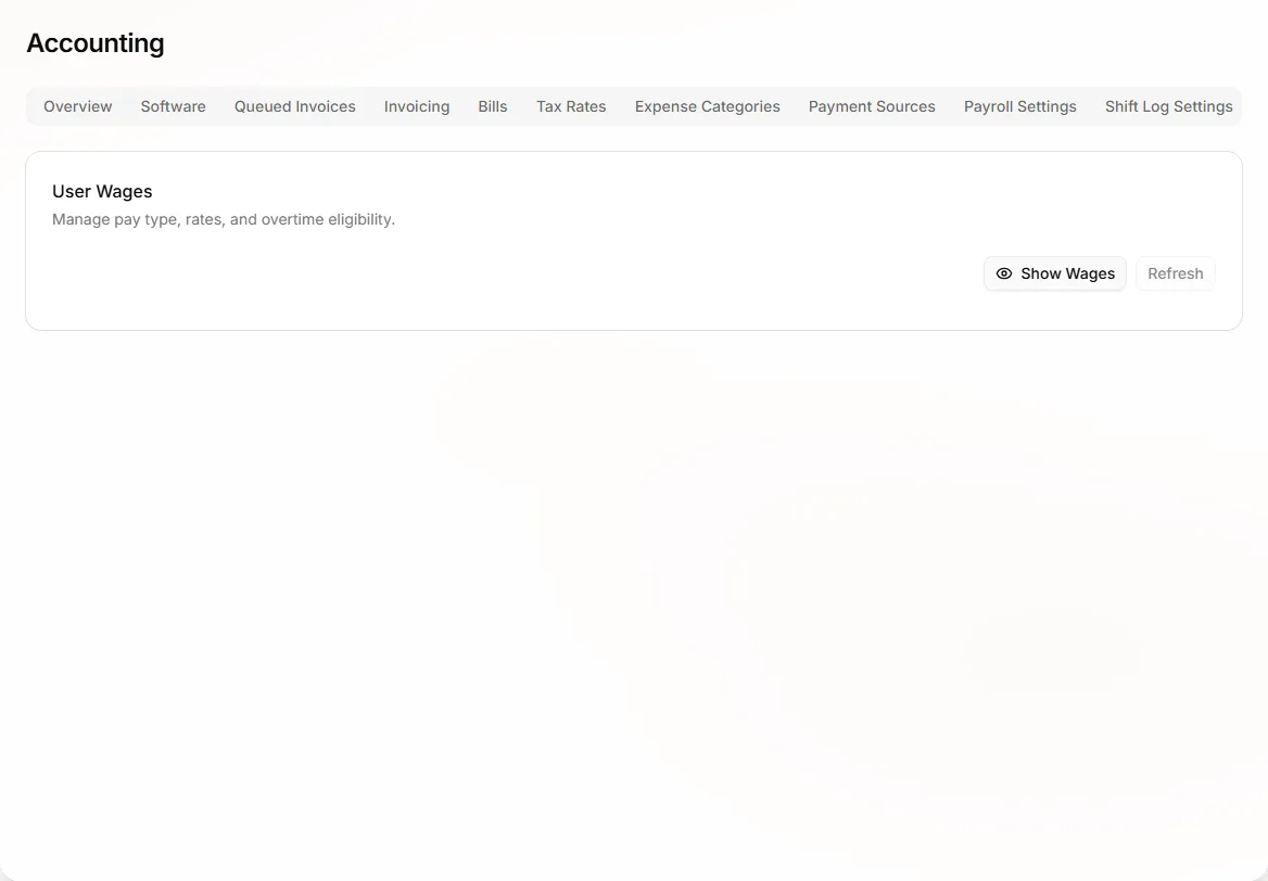 User Wages tab listing member pay rates