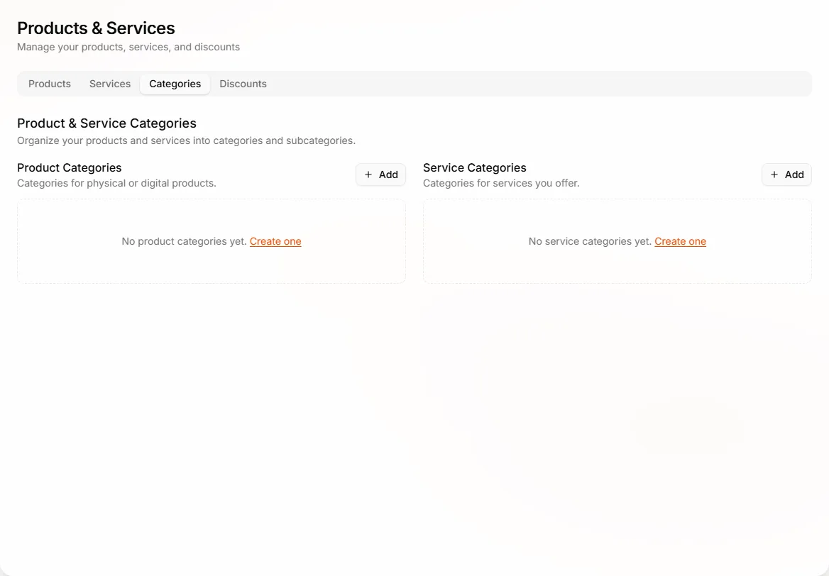 Products and Services Categories tab