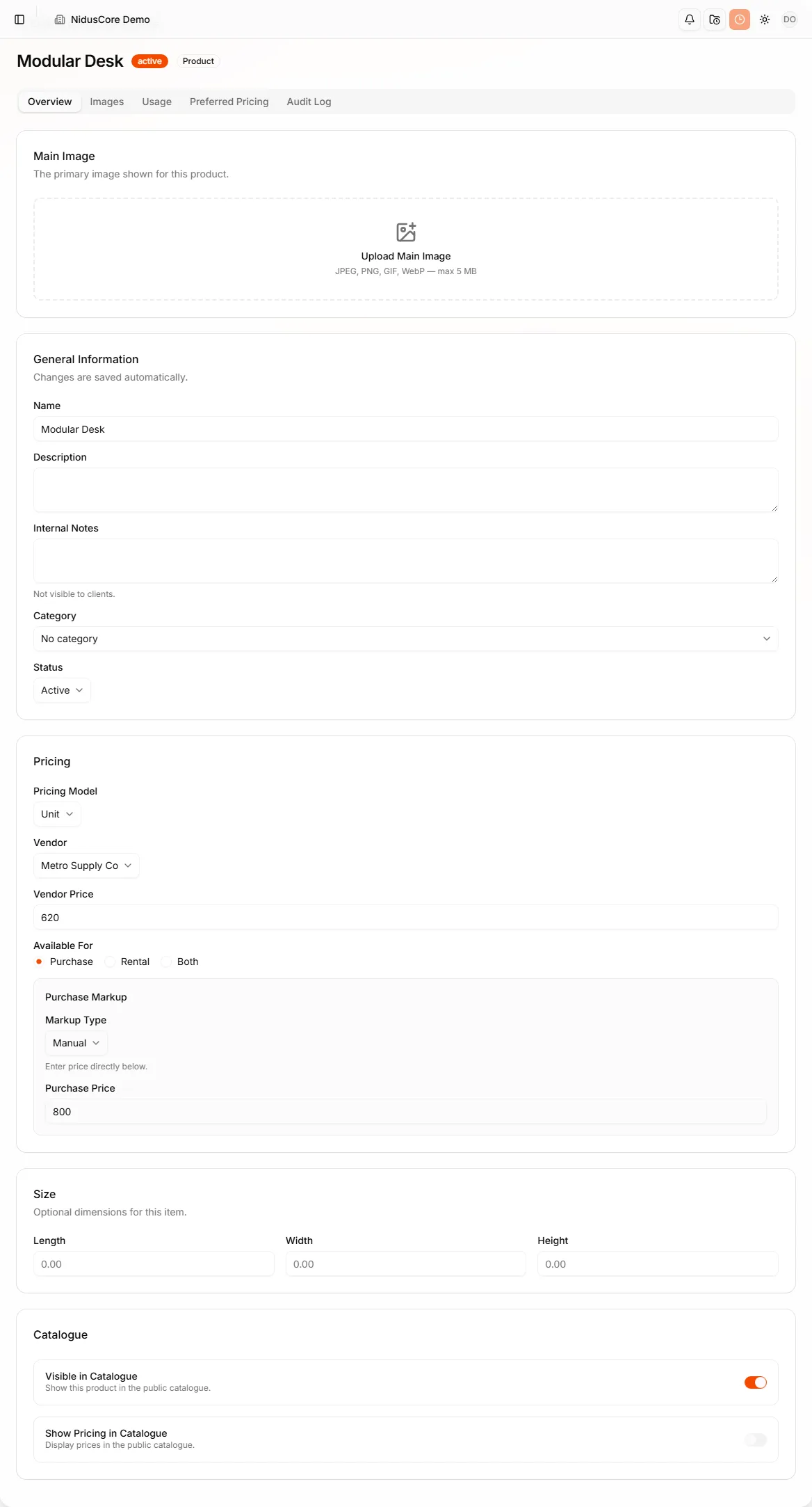Product detail showing linked vendor and costing fields