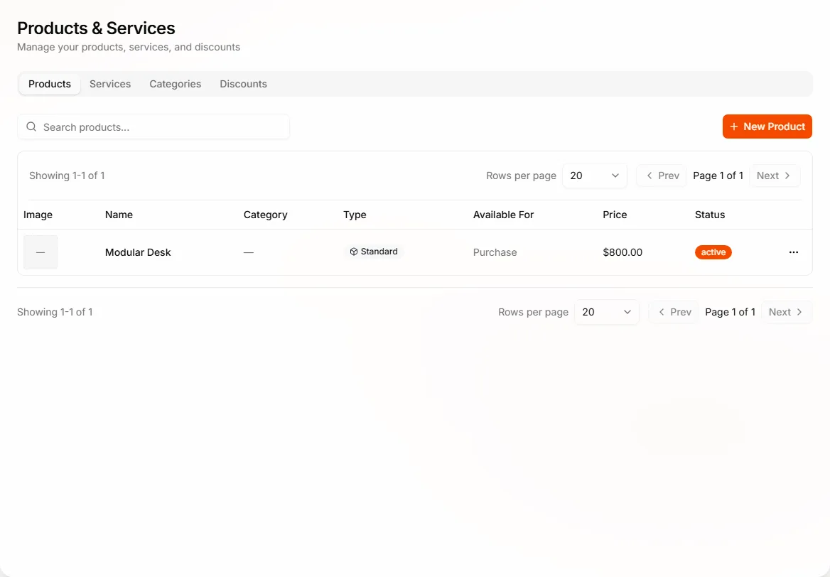Products and Services catalog list