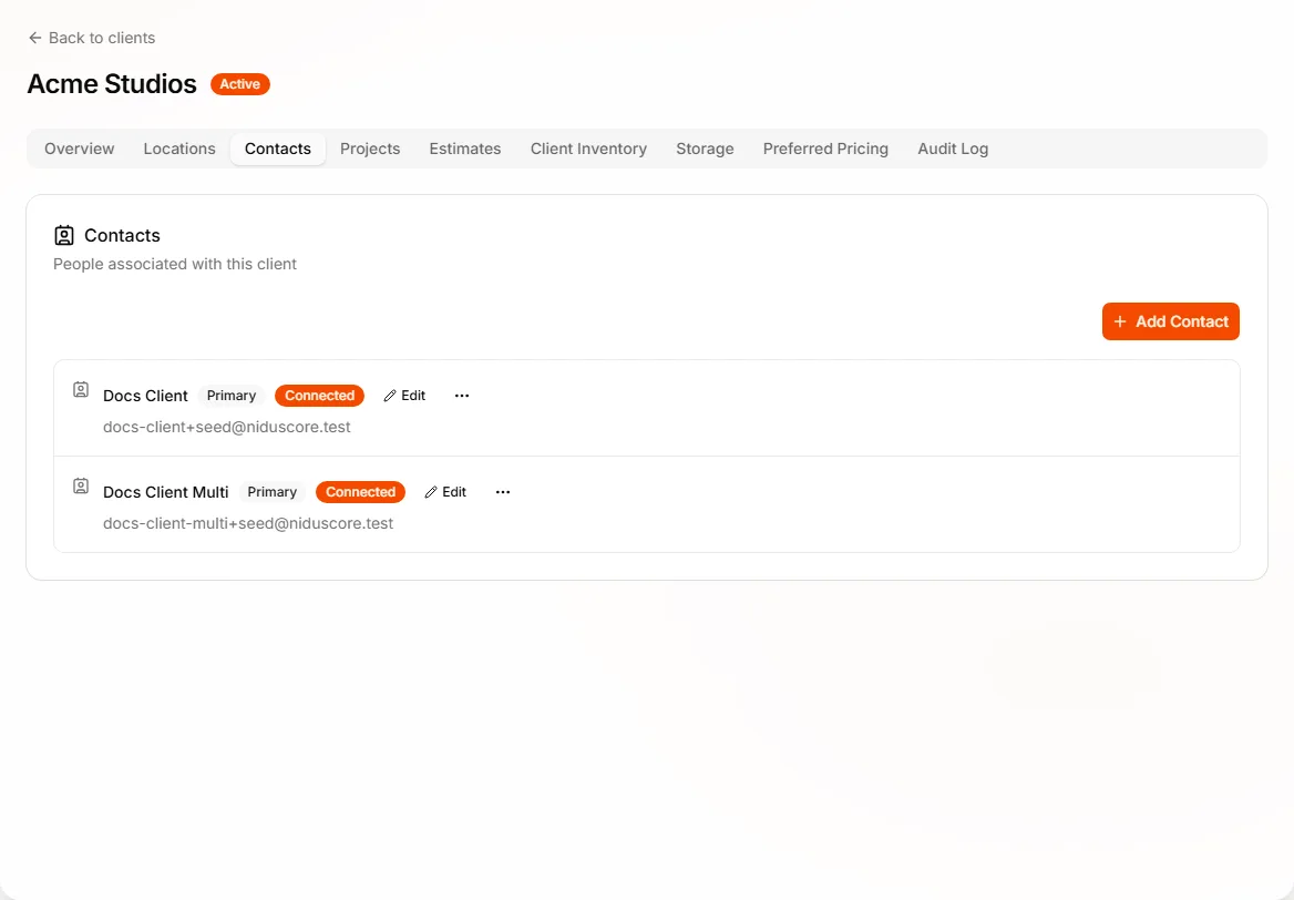 Client detail Contacts tab with portal status
