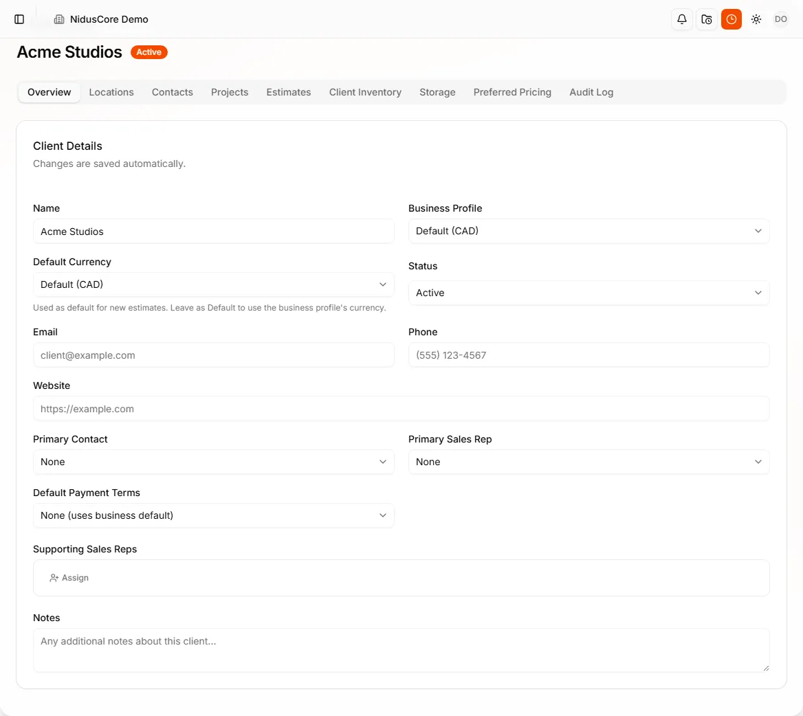 Client detail page in the business app