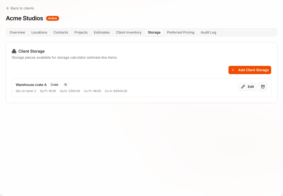 Client Storage tab with dimension fields