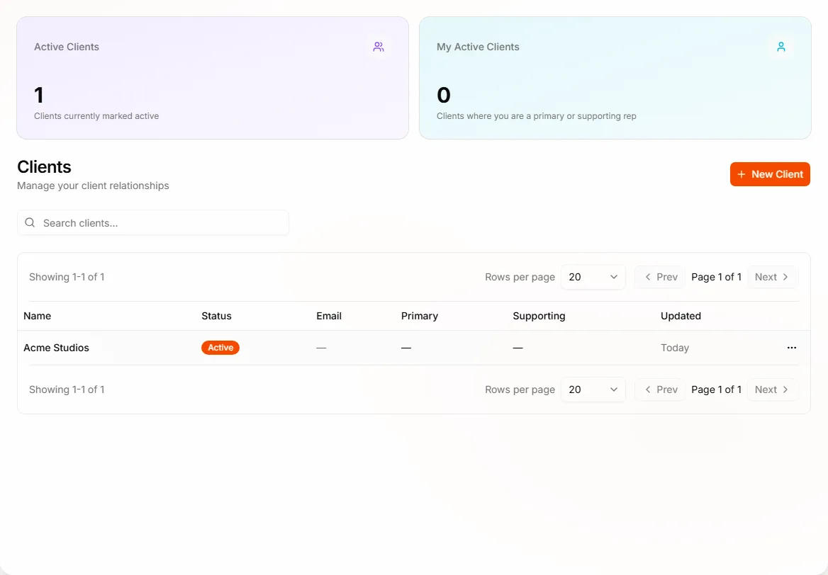 Clients list in the business app