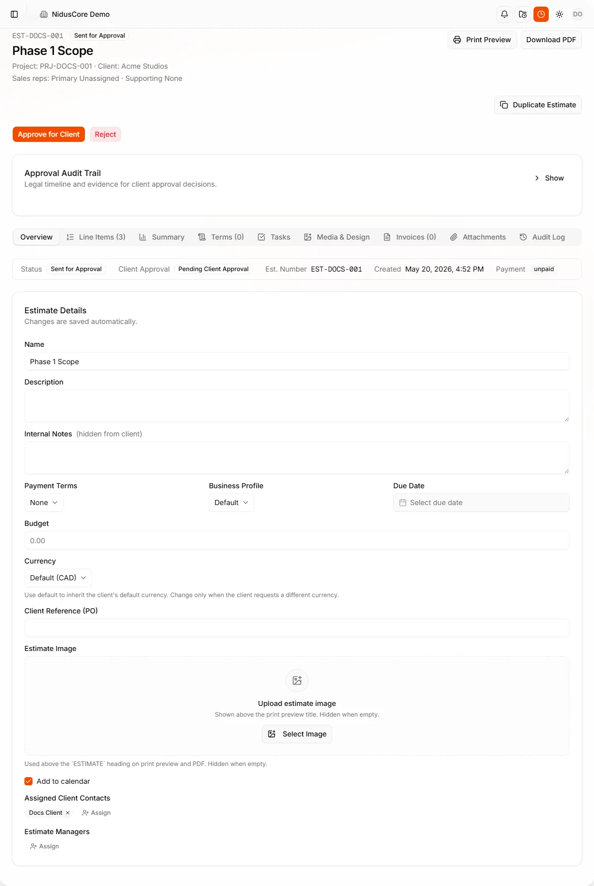 Estimate detail page in the business app