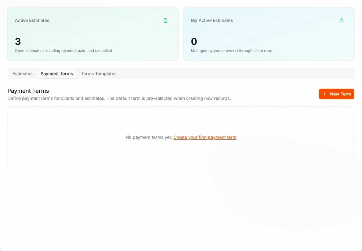 Estimates page Payment Terms tab
