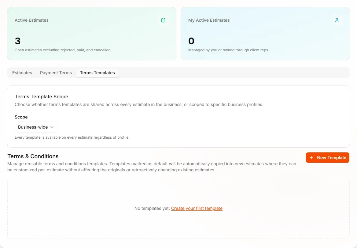 Estimates page Terms Templates tab