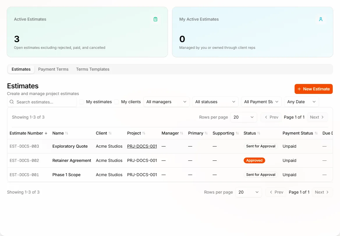 Estimates list in the business app
