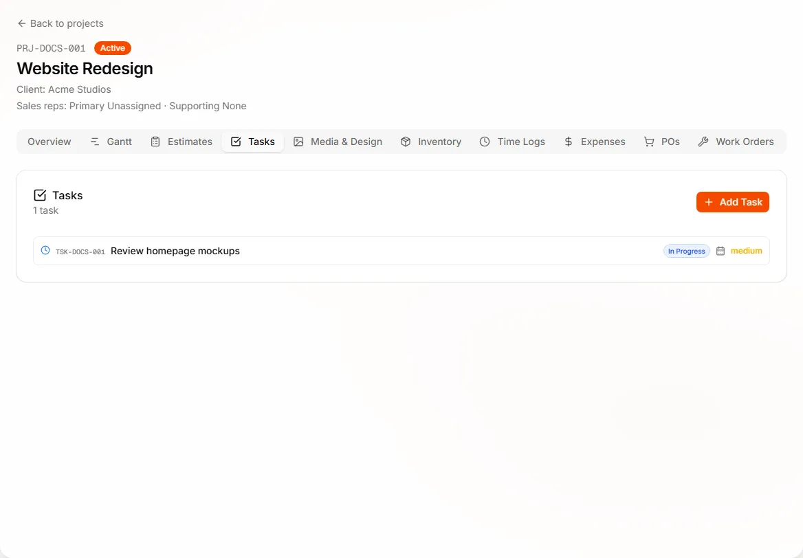 Project detail Tasks tab