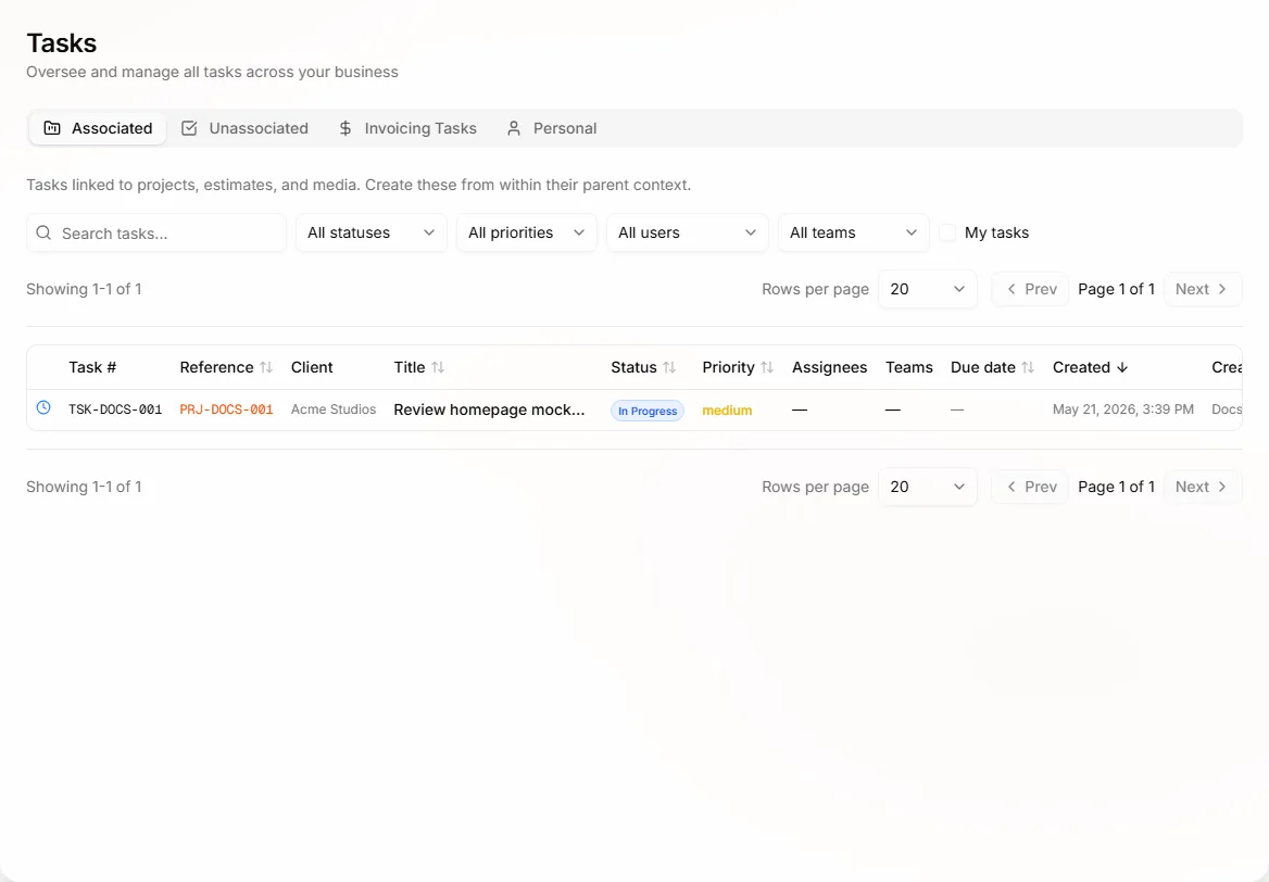 Tasks hub with associated and personal task views