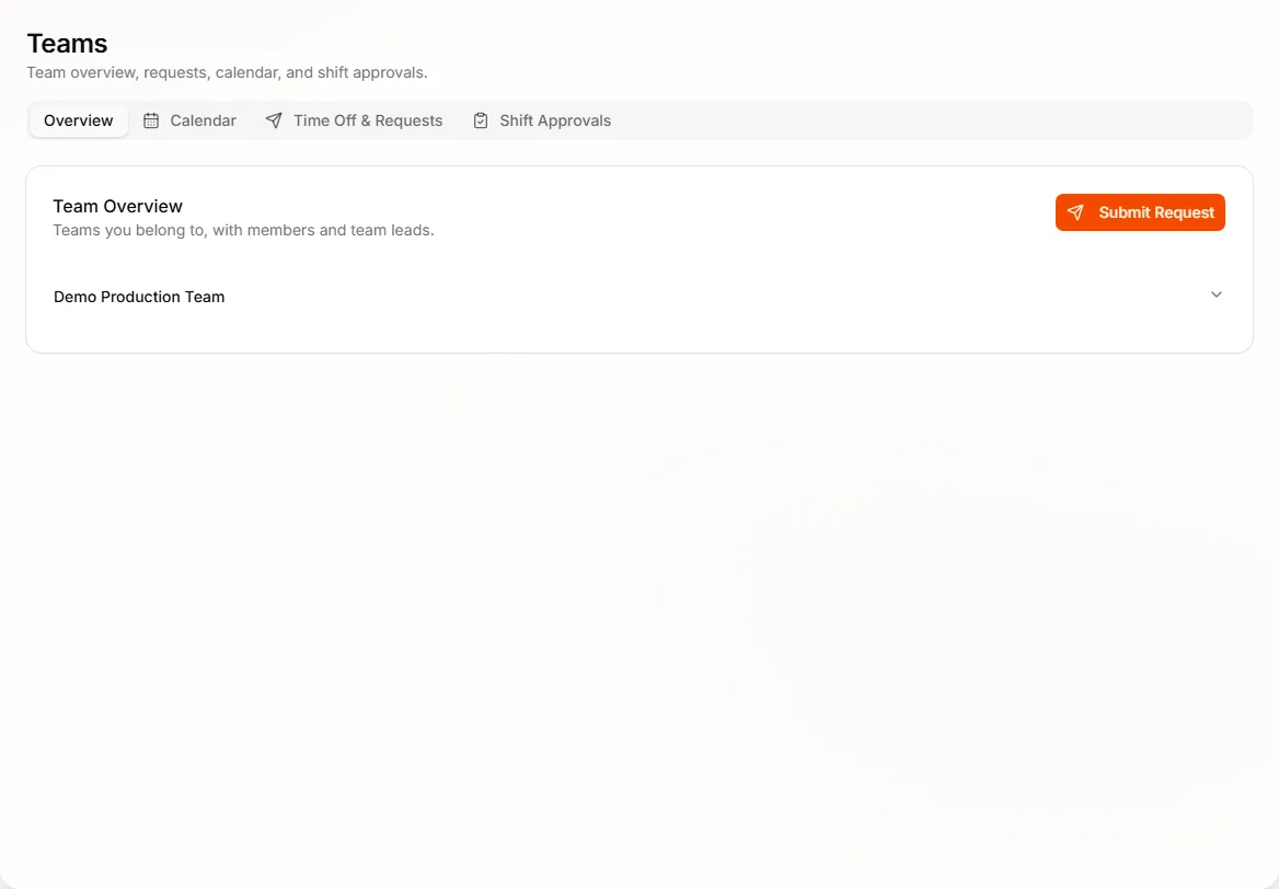 Teams page overview with team member schedule context