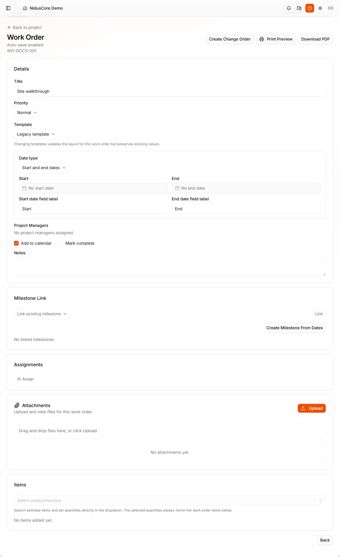 Work order detail with template fields and completion controls