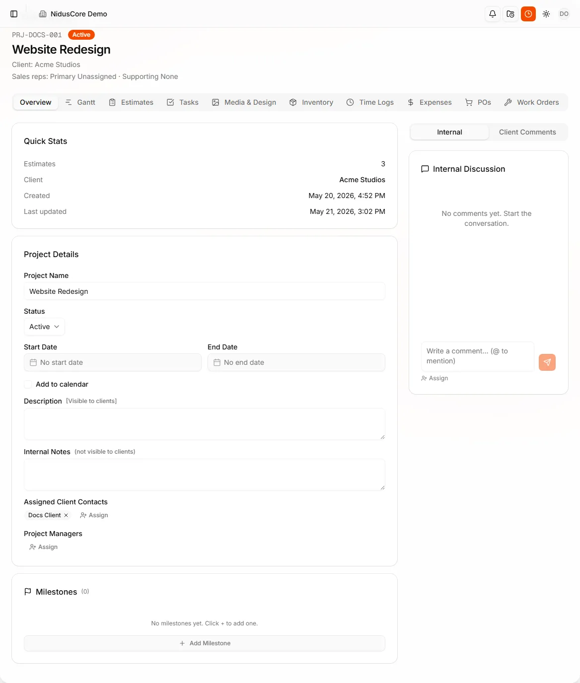 Project detail page in the business app