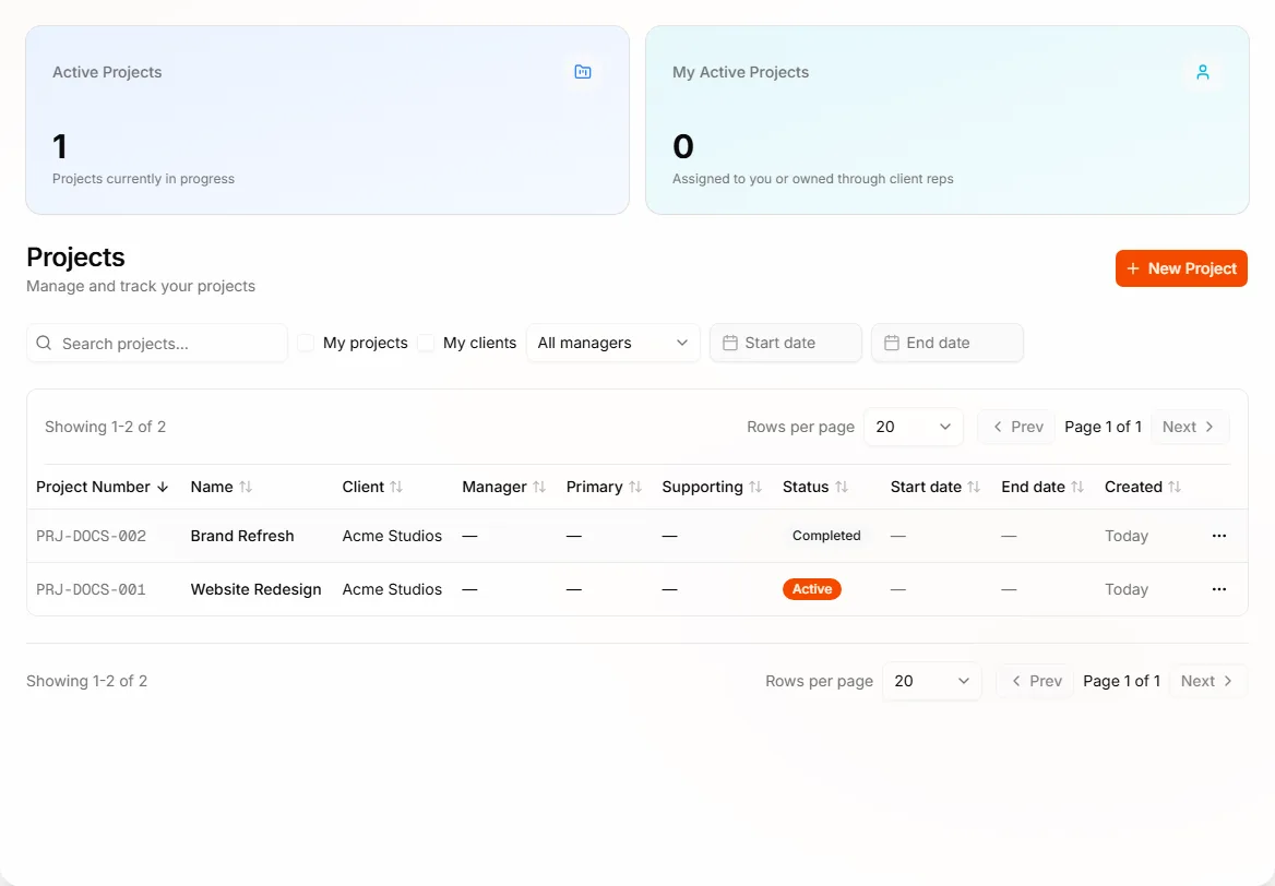 Projects list in the business app