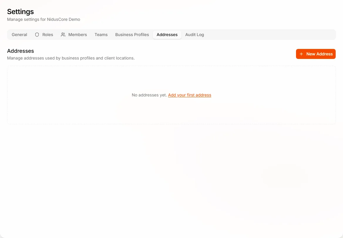 Addresses tab listing reusable address records