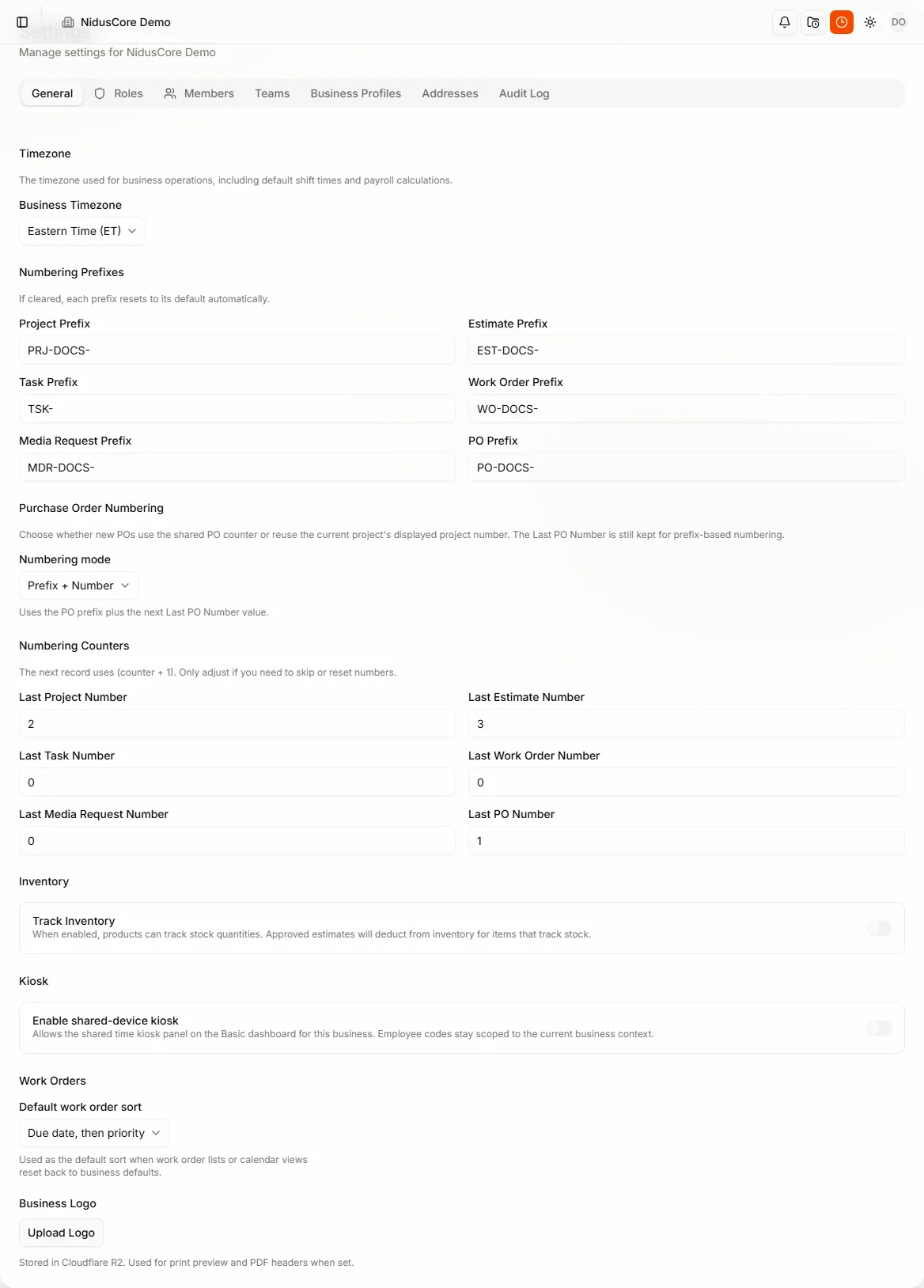 Settings page with General tab selected