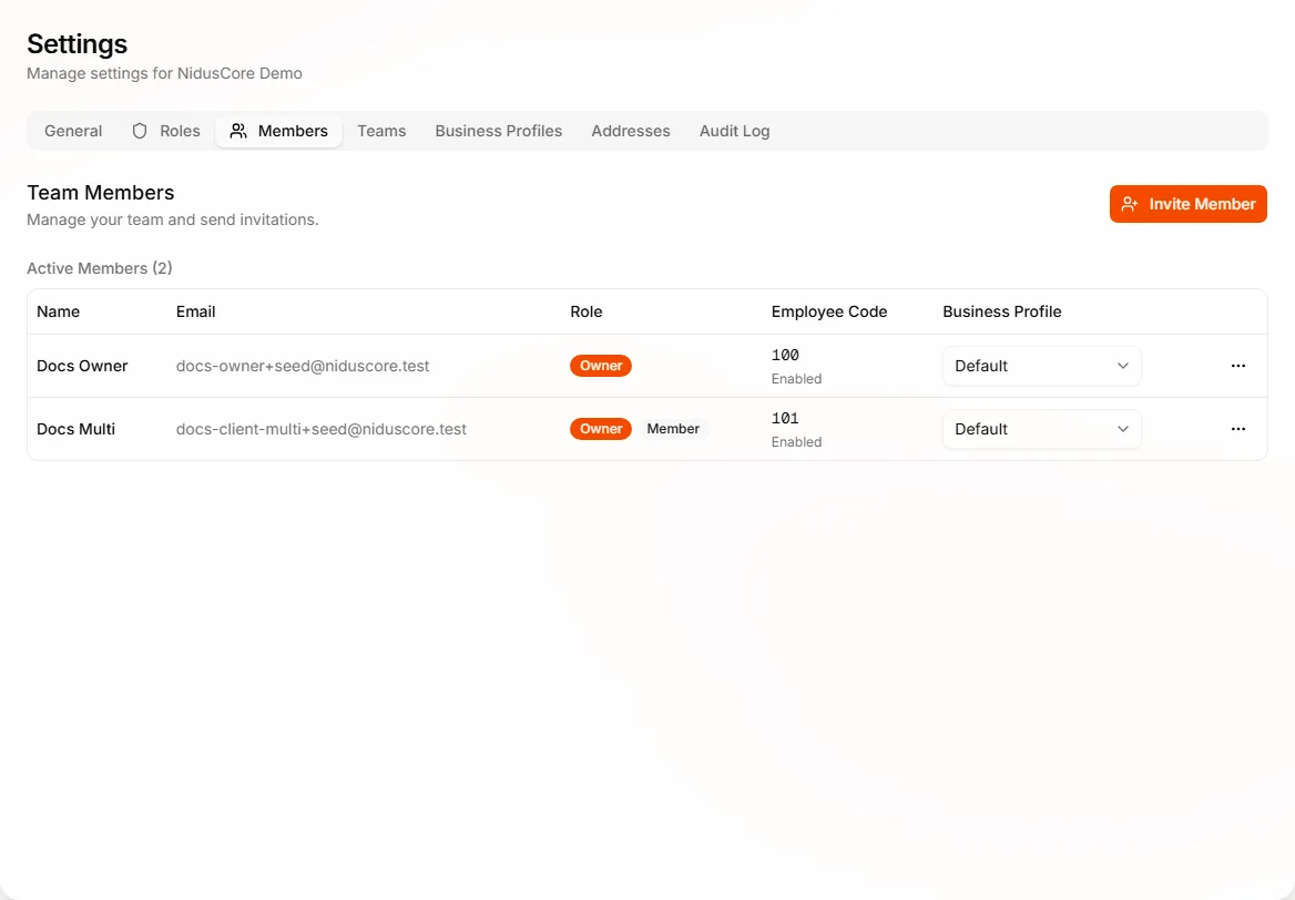 Members tab with invite and role assignment