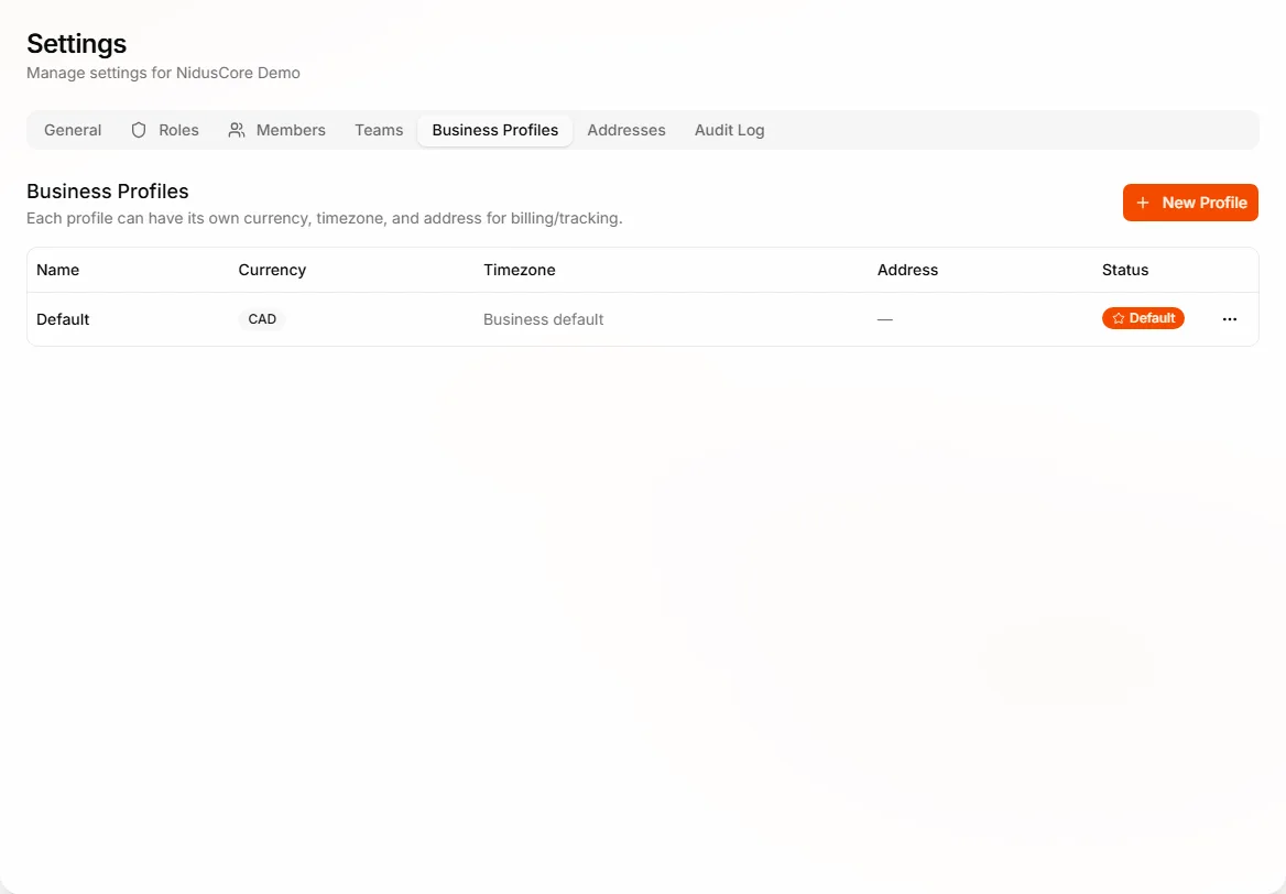 Business Profiles tab in Settings