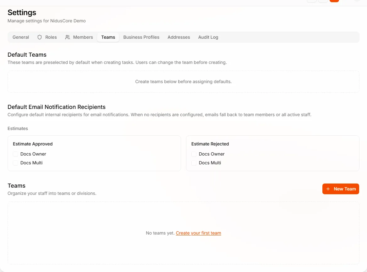 Teams tab with roster and default team settings