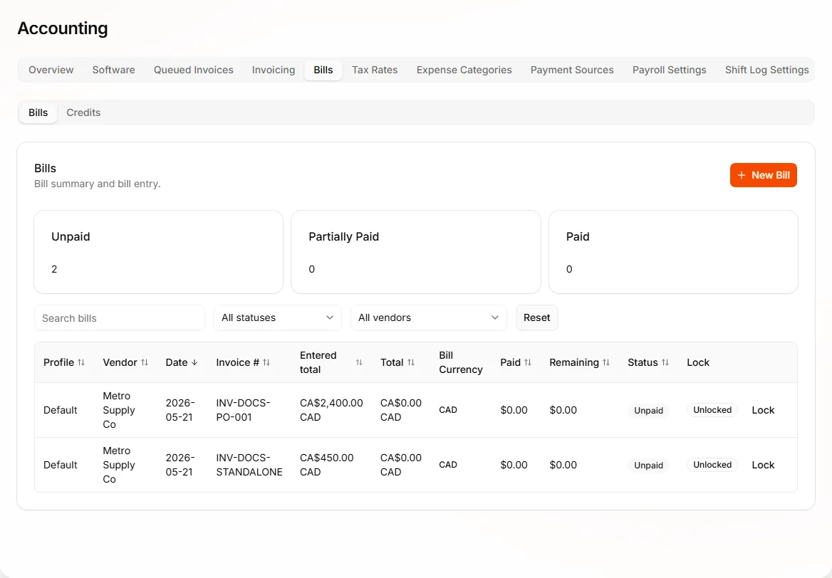 Accounting Bills tab with vendor bill rows