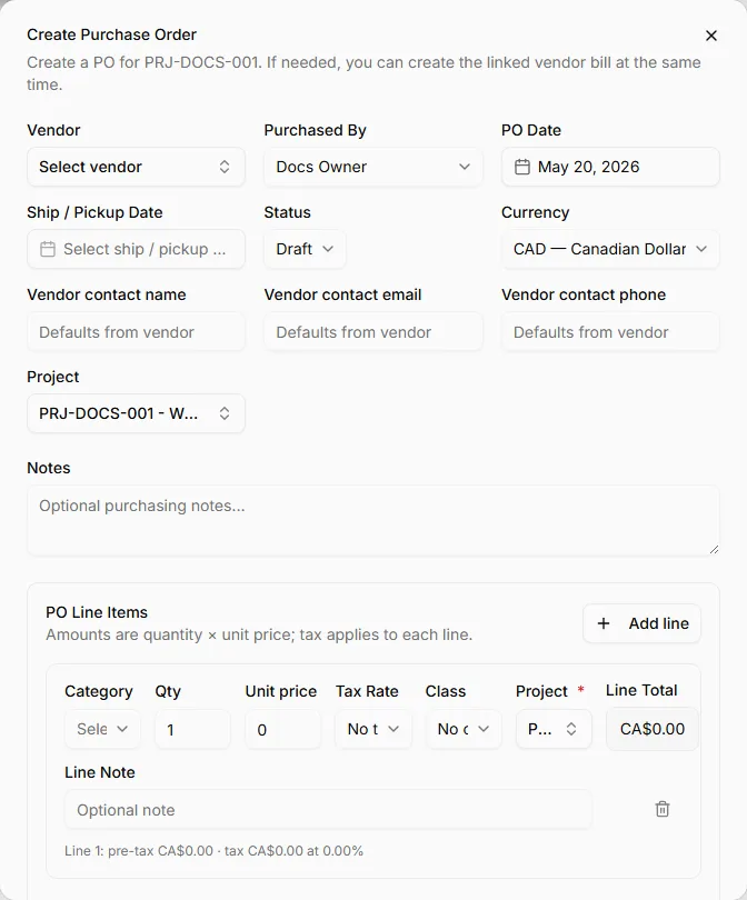 Create Purchase Order dialog with Linked Vendor Bill section