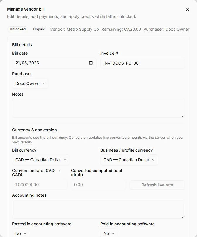 Manage vendor bill dialog showing linked purchase orders