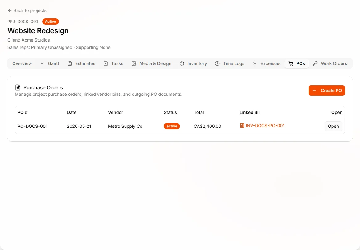 Purchase Orders tab on a project
