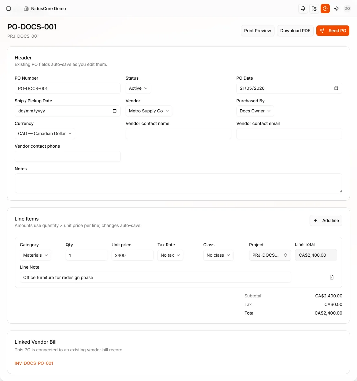 Purchase order detail with linked vendor bill card
