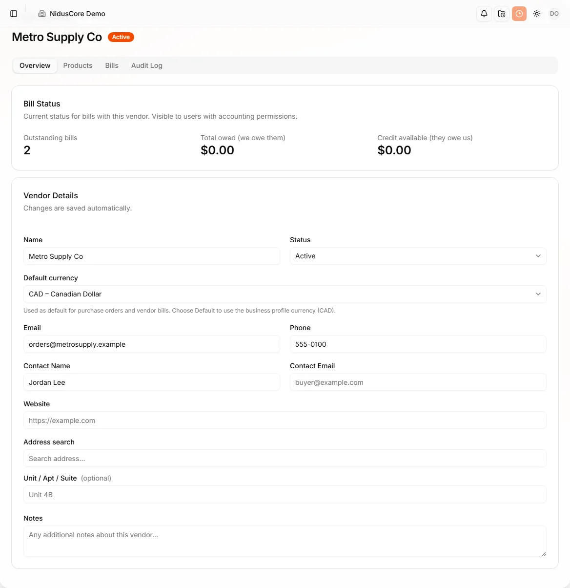 Vendor detail page with profile and tabs