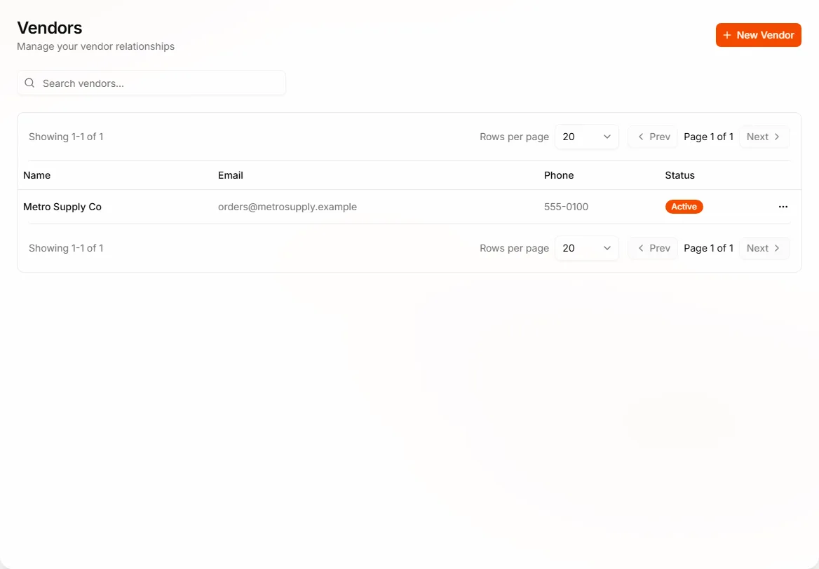 Vendors list in the business app