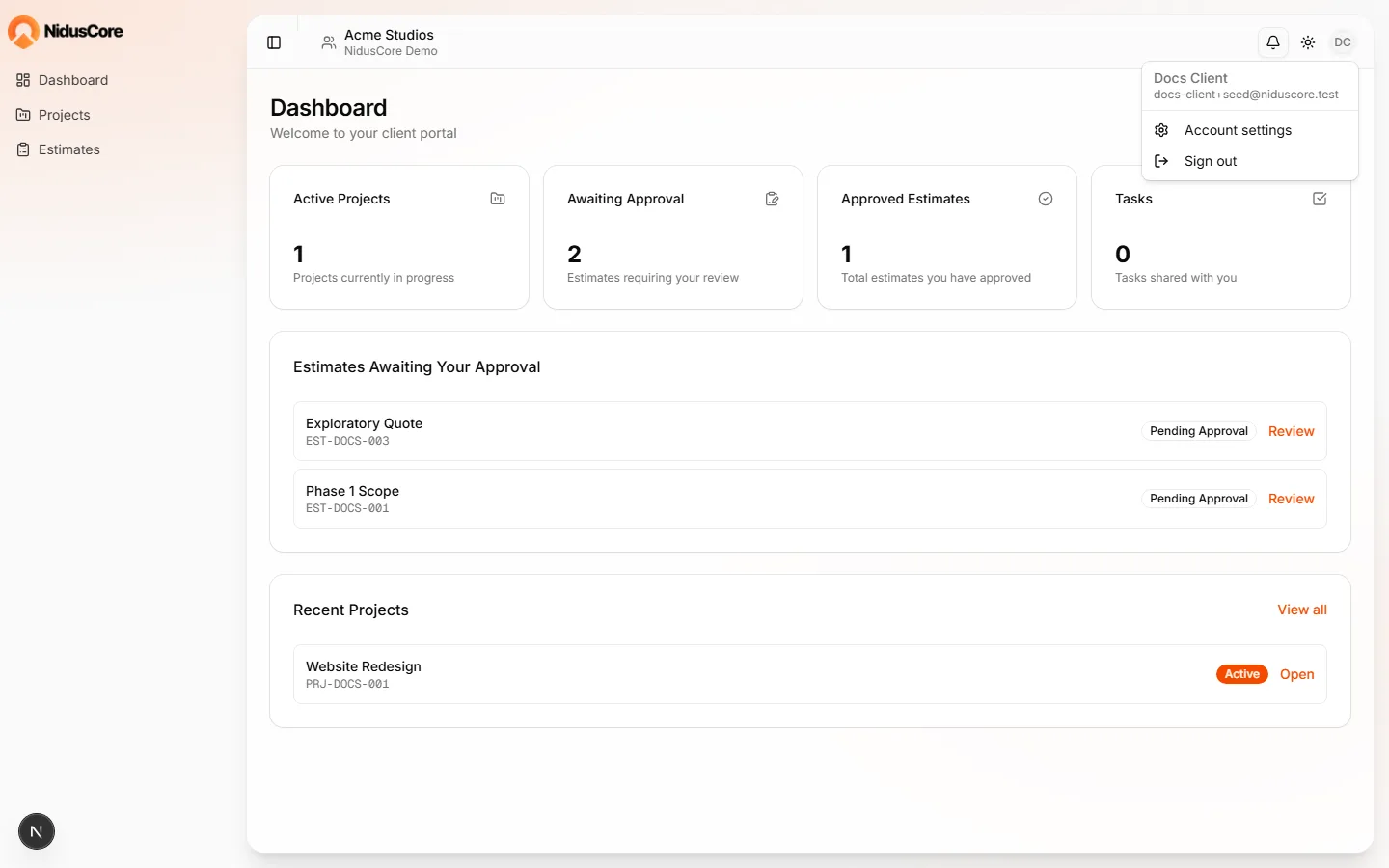 Client portal profile dropdown menu