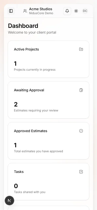 Client portal dashboard on mobile