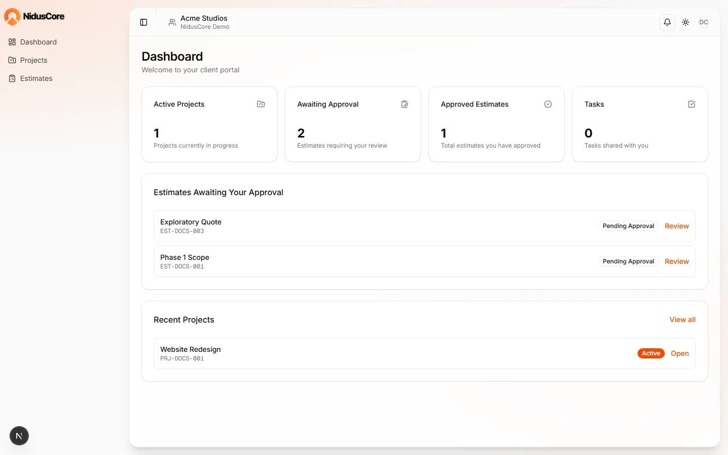 Client portal dashboard with summary stat cards and lists