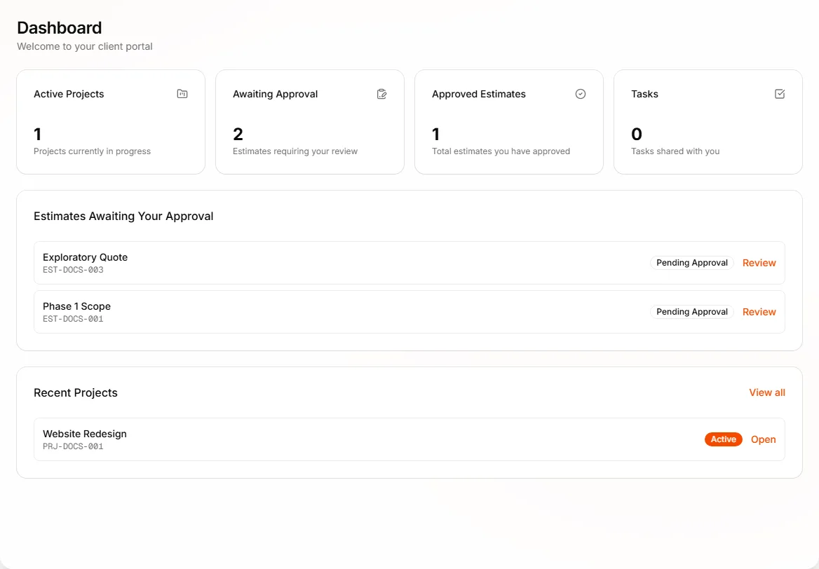 Dashboard recent projects section with status badges