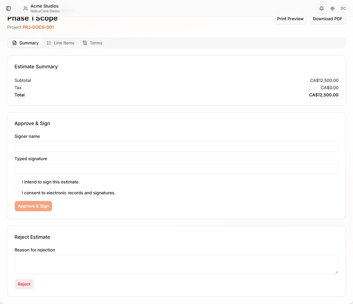 Estimate approval dialog with signature fields