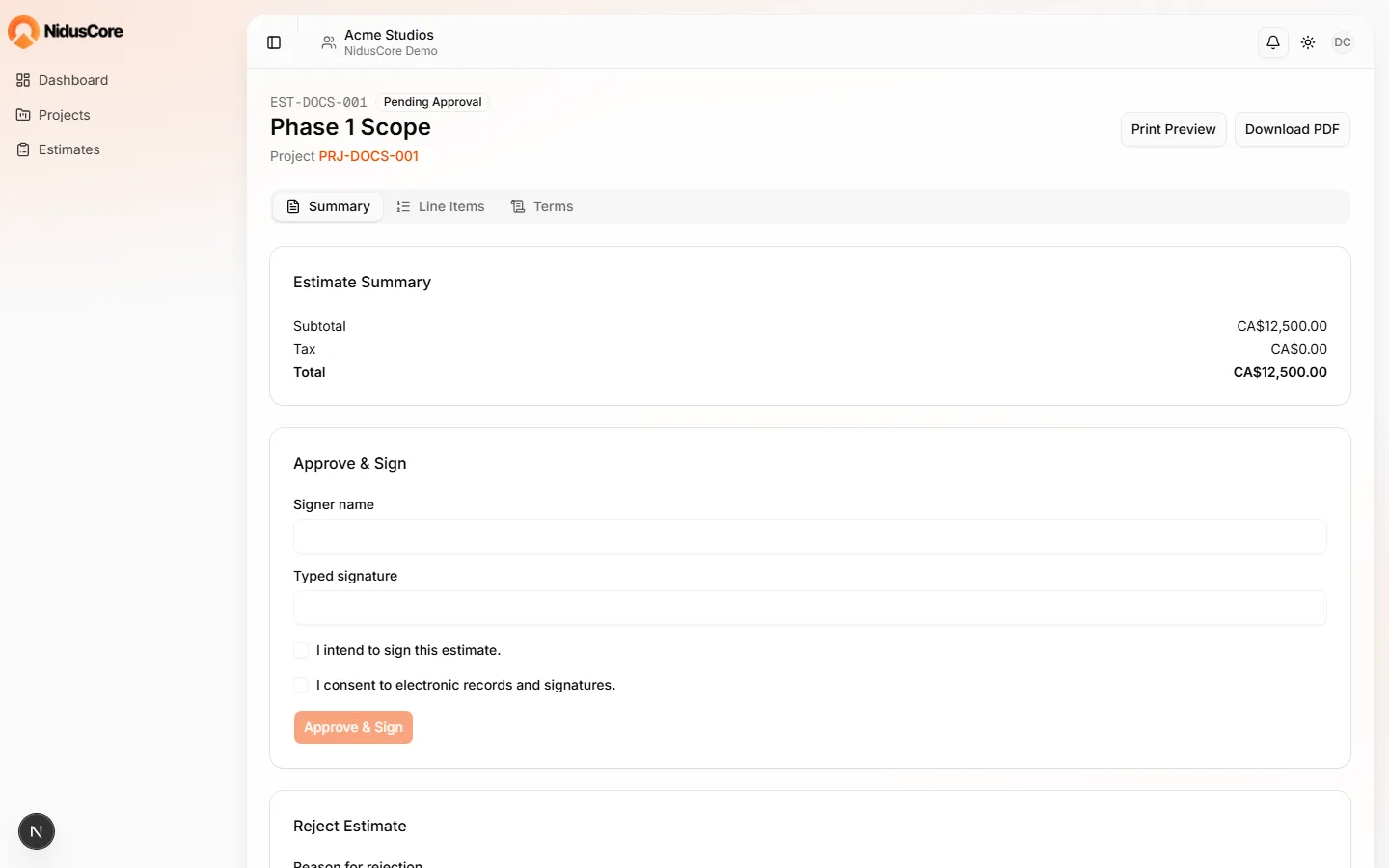 Client portal estimate detail page