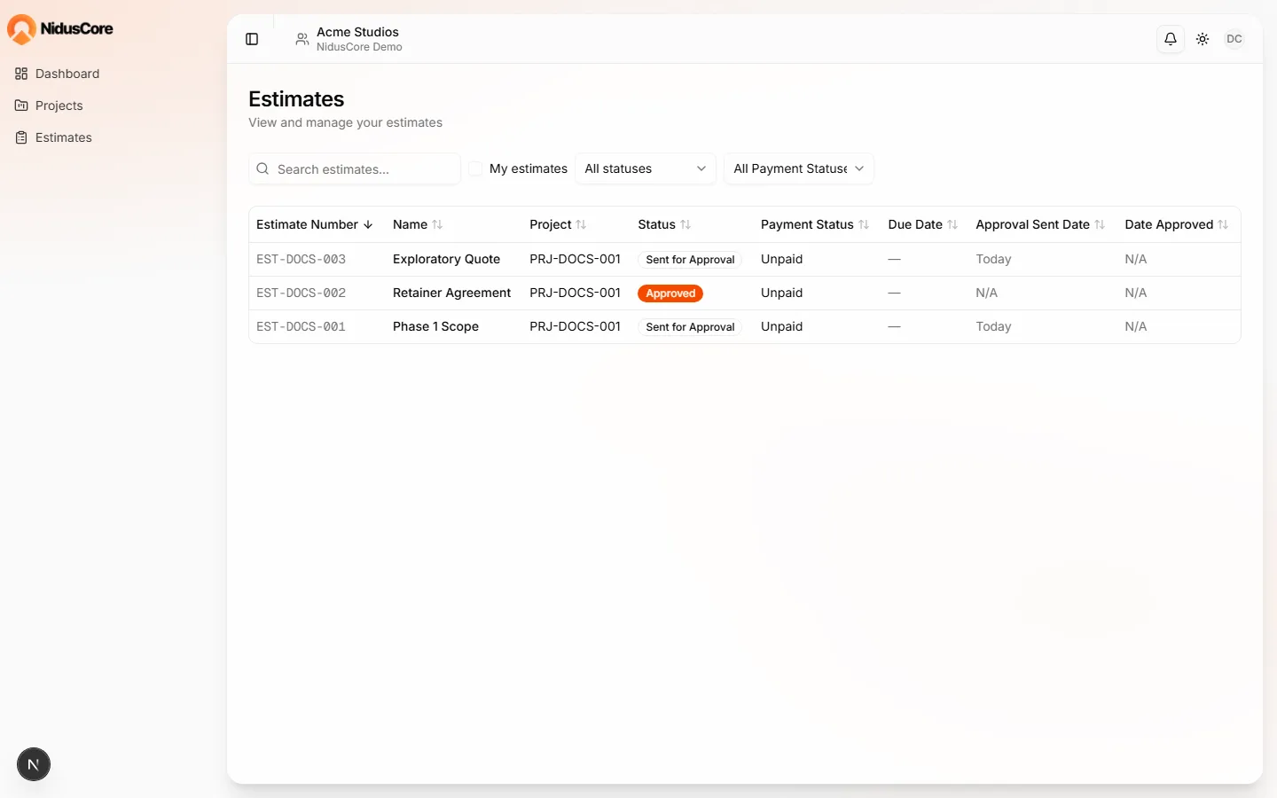 Client portal estimates list