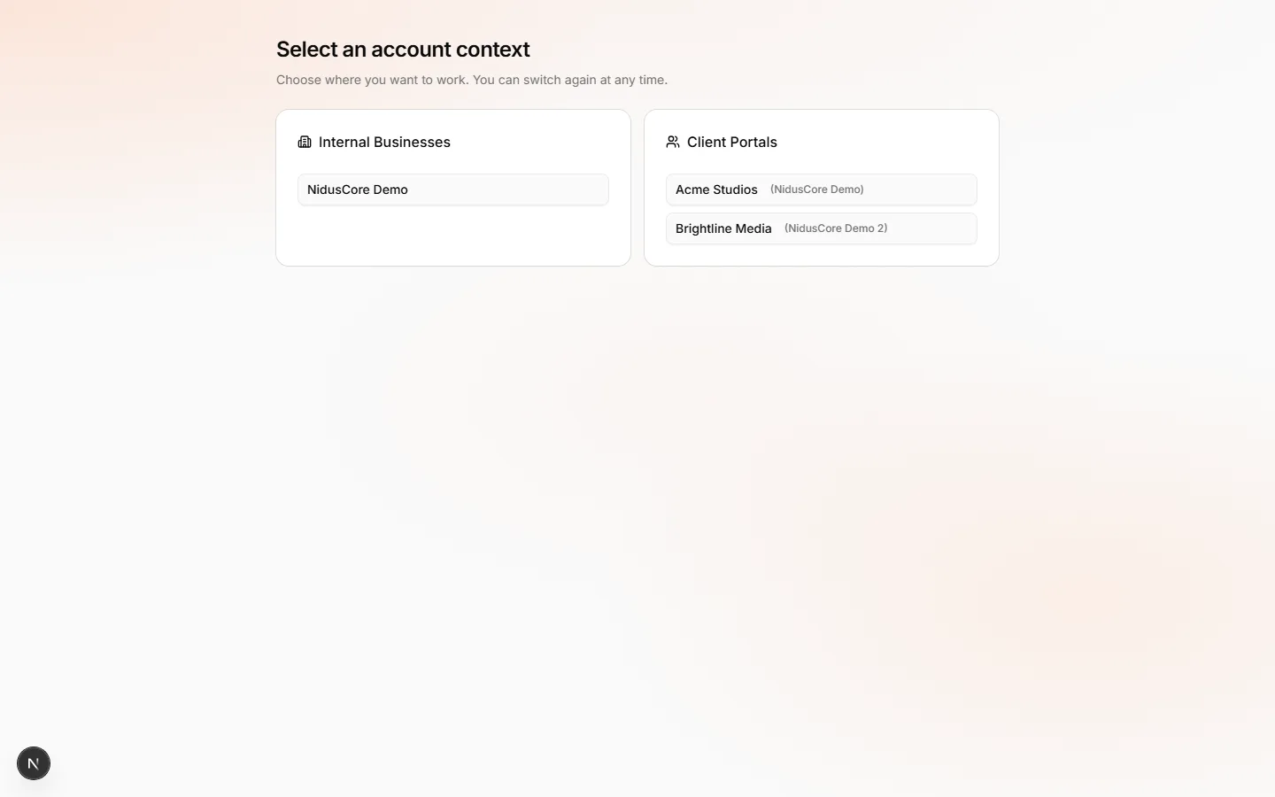Switch account page showing client portals and businesses