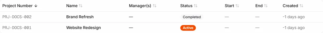 Project status badges in the client portal