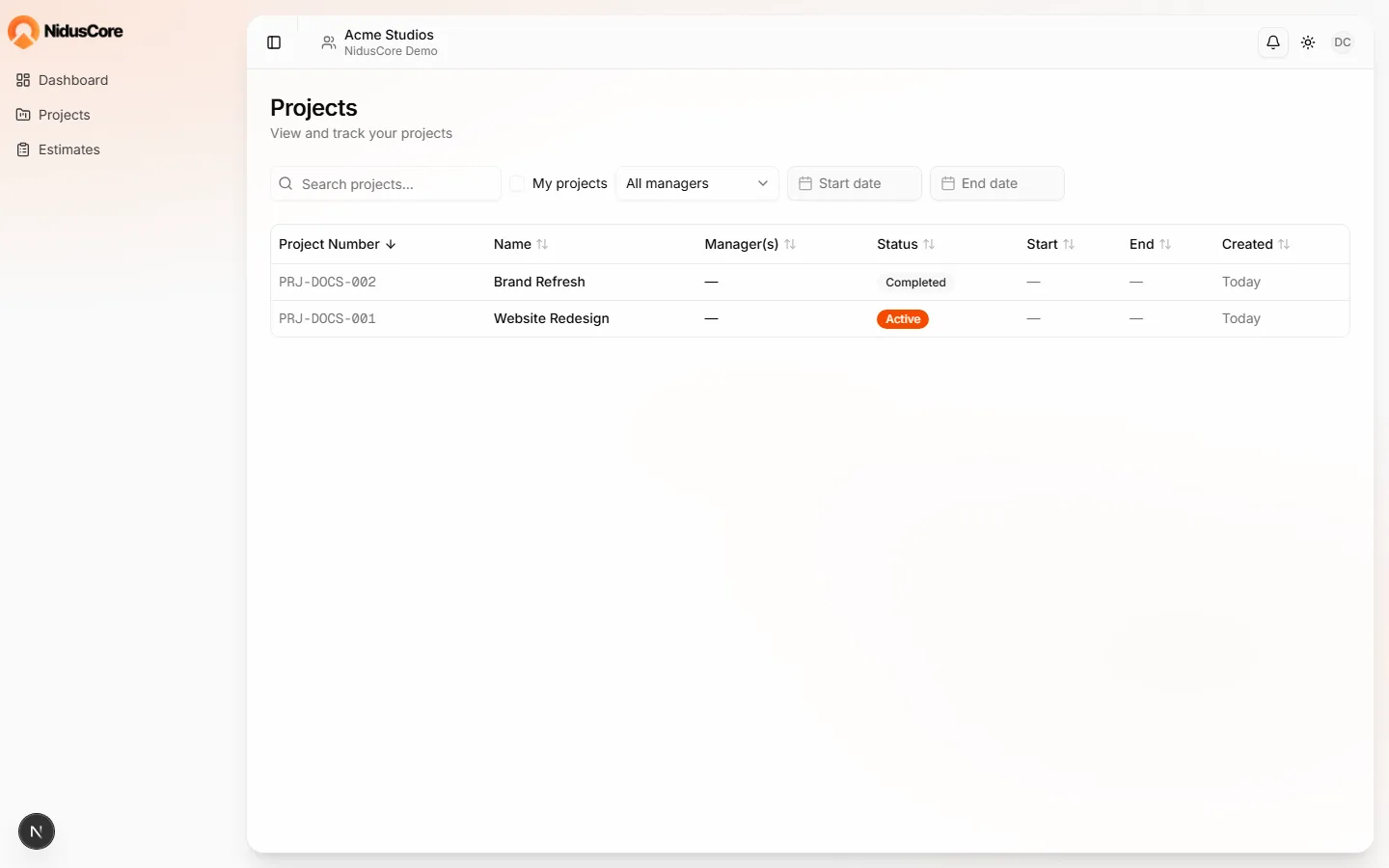 Client portal projects list
